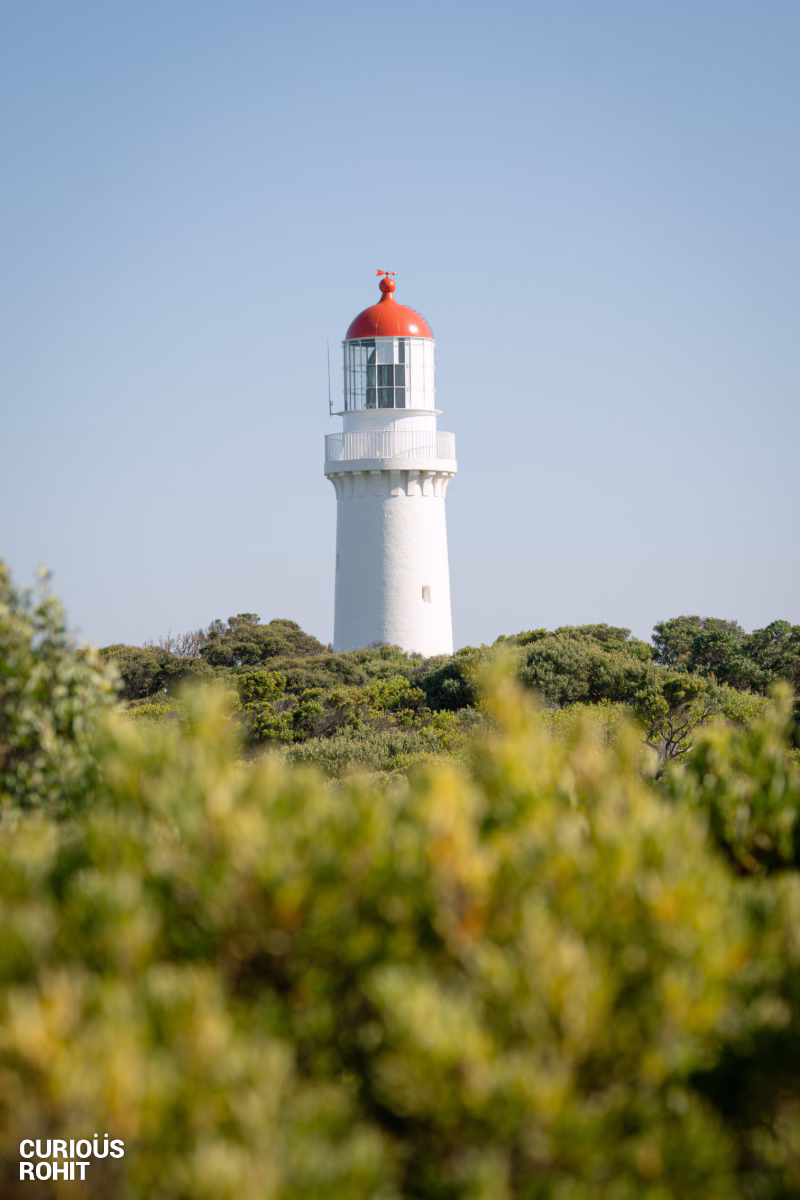A white lighthouse with a red top